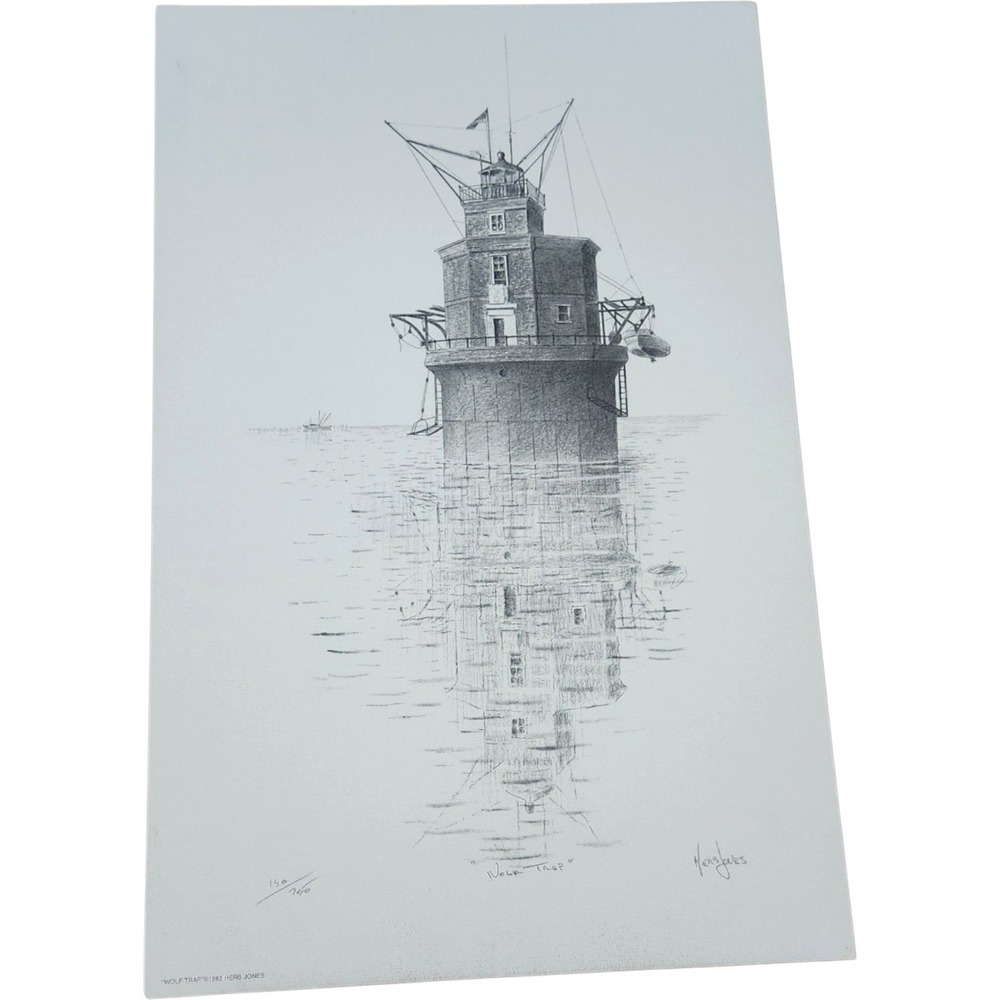 Herb Jones Wolf Trap Lighthouse Signed Numbered Print 1982 Nautical Art 150/750